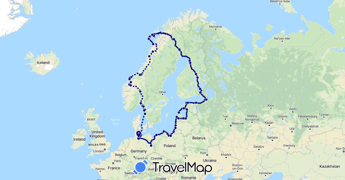 TravelMap itinerary: driving in Germany, Estonia, Finland, Lithuania, Latvia, Norway, Poland, Russia, Sweden (Europe)